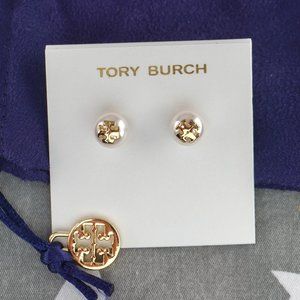 Tory Burch Crystal Pearl Stud Earrings in Gold
